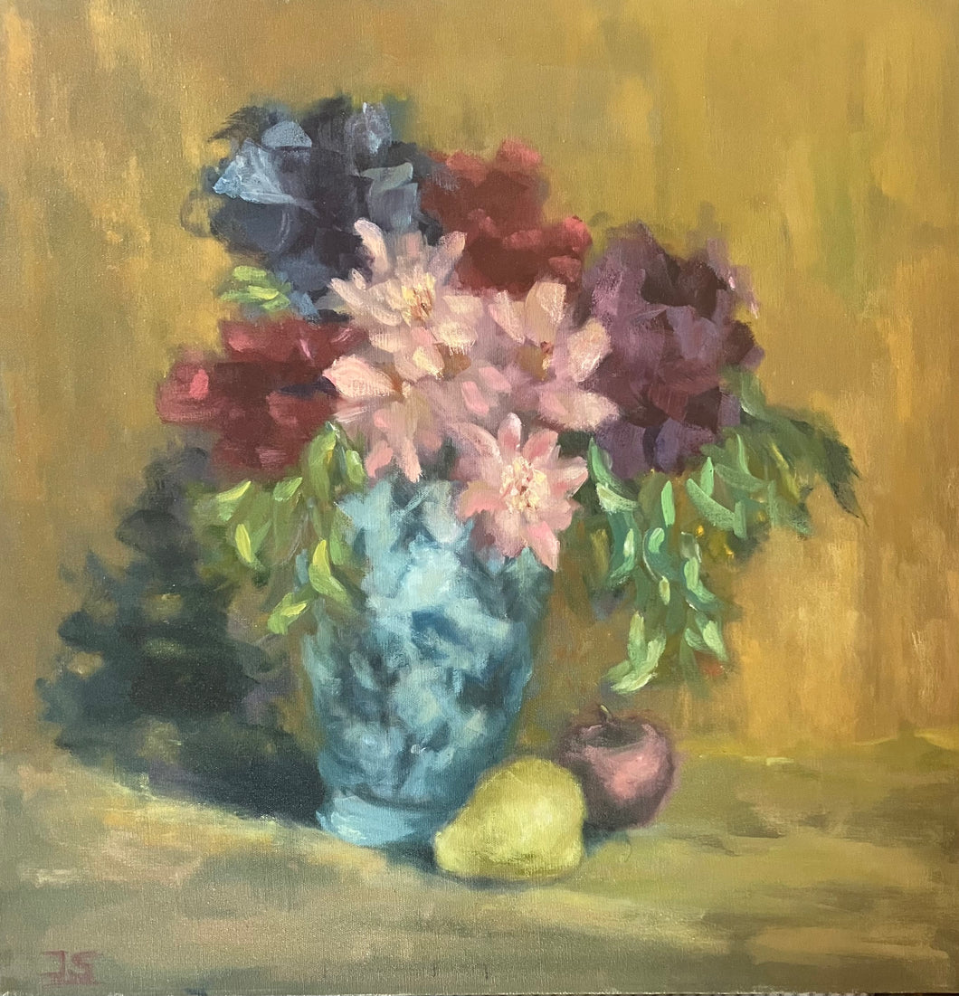 Pink Flowers in Blue Vase